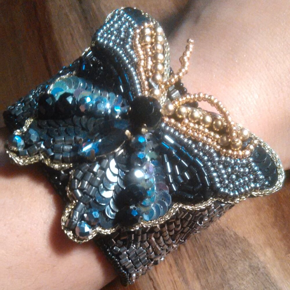 Handcrafted Black Seed Bead Butterfly Cuff Bracelet